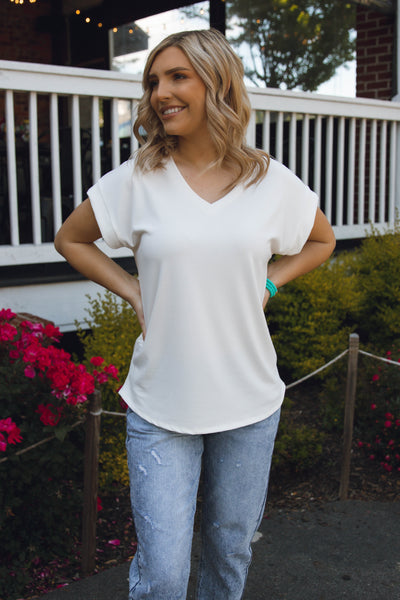 Women's Ribbed Top - Comfy Basic White Top - V-Neck Women's Top