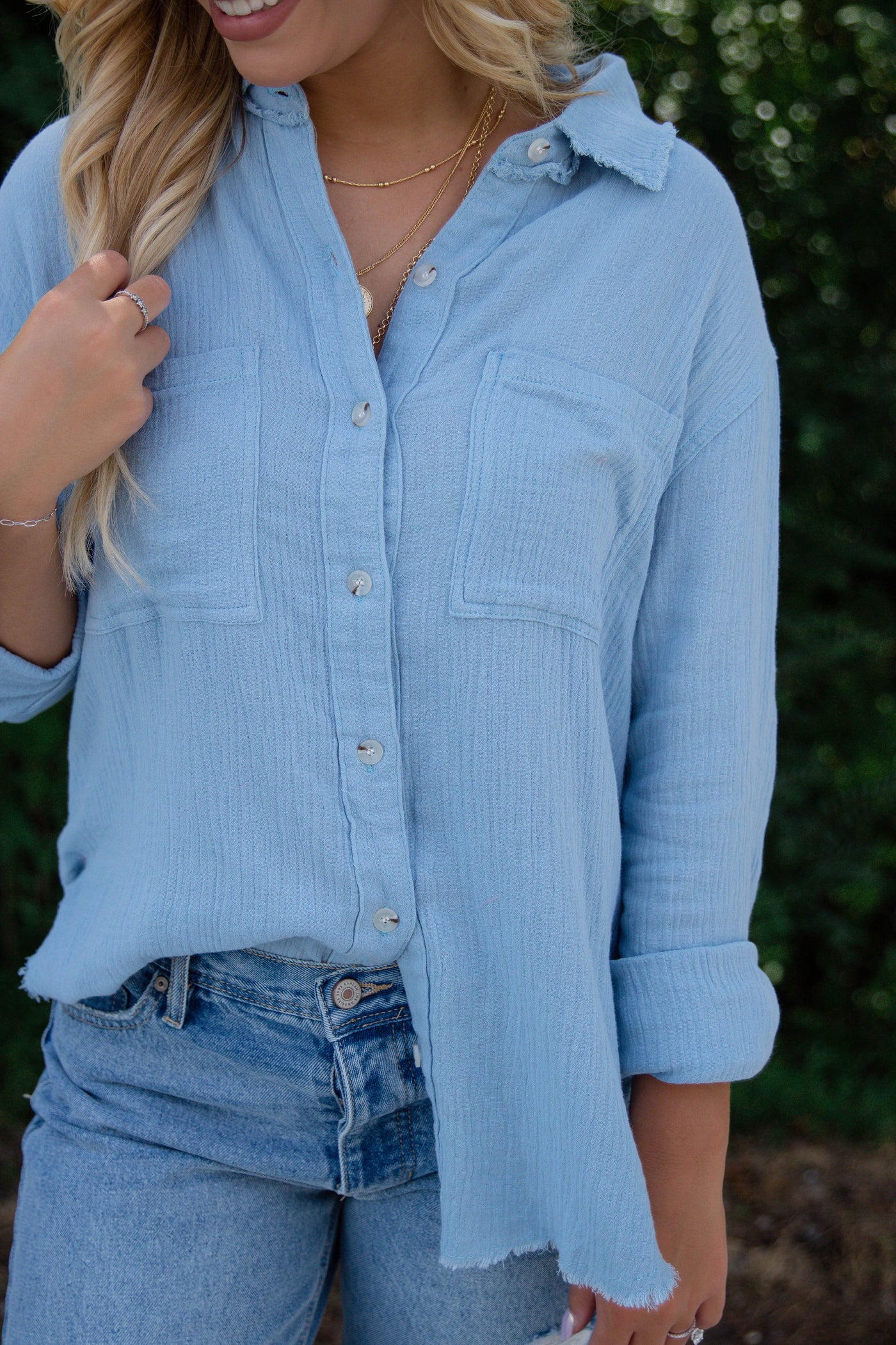 Women's Blue Button Down- Cotton Button Down Top- Casual Top With Pockets