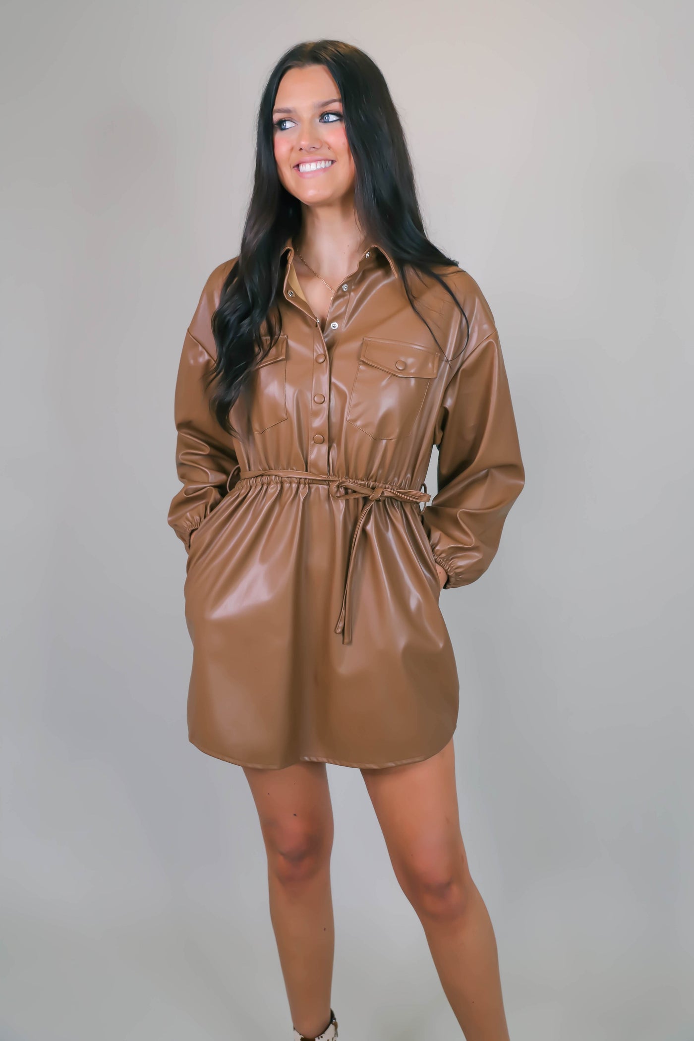 Brown Faux Leather Dress- Trendy Leather Dress- Chic Workwear Dress- &Merci Dress