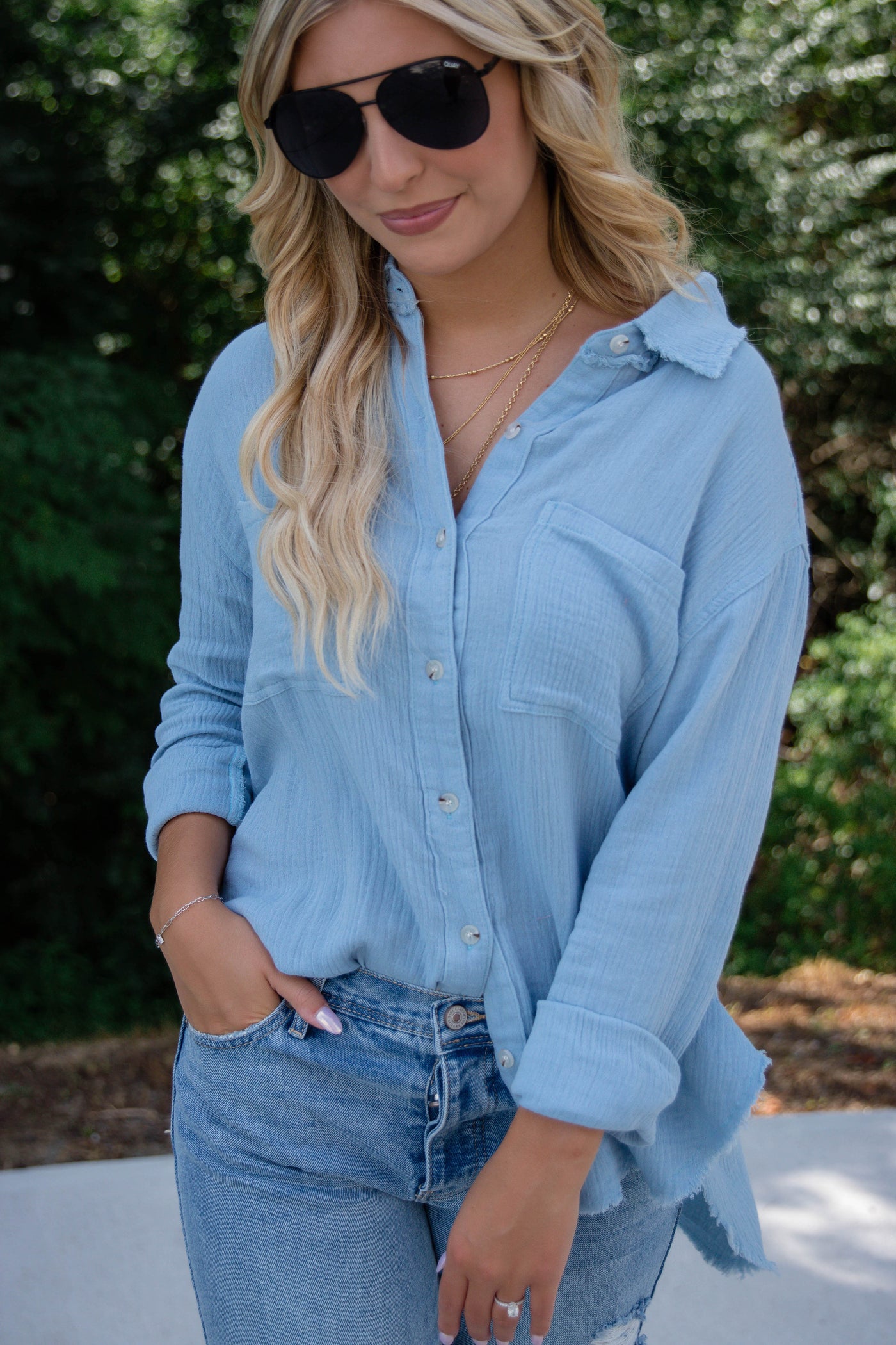 Women's Blue Button Down- Cotton Button Down Top- Casual Top With Pockets