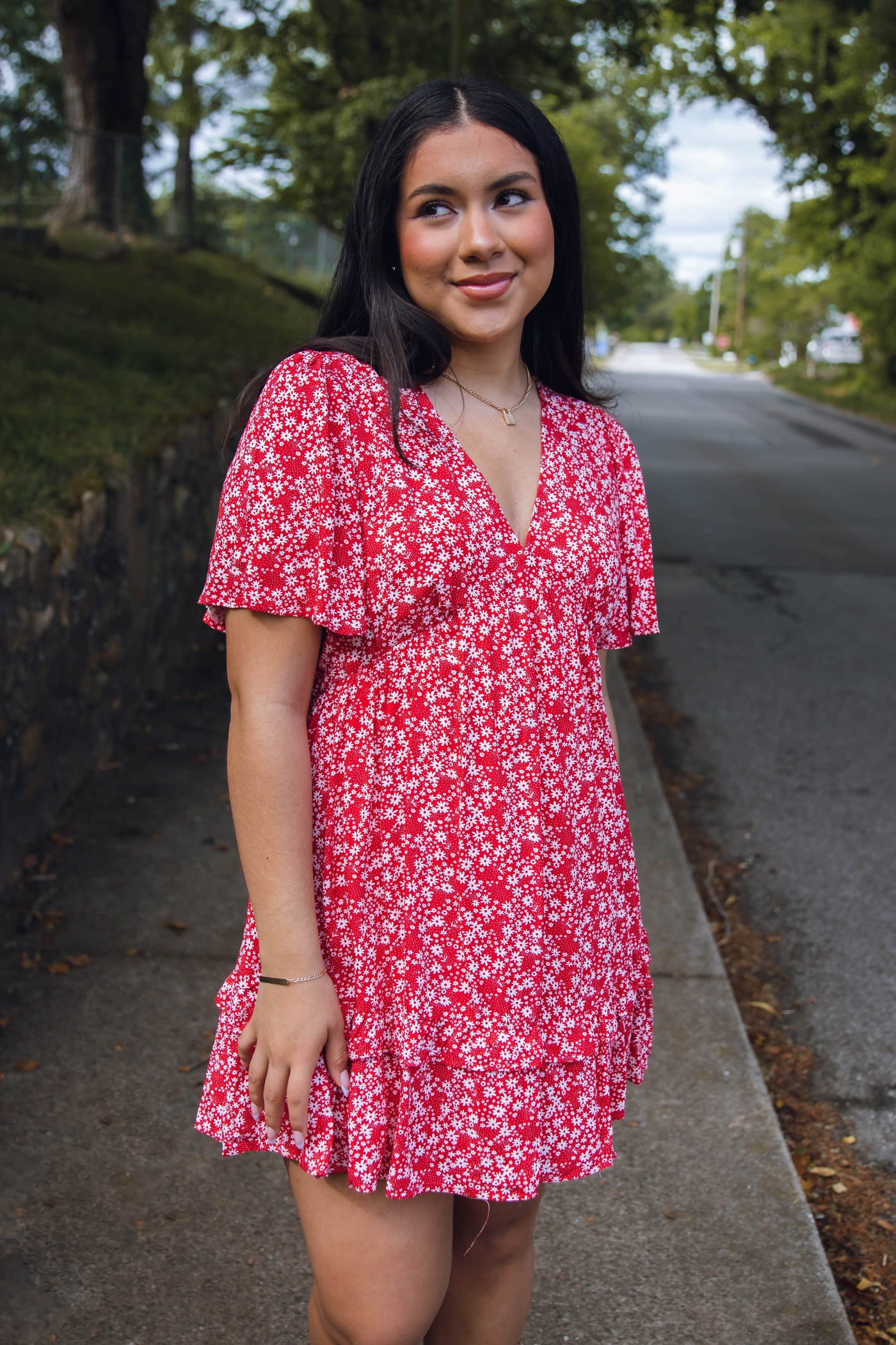 Dainty Floral Print Dress- Red Babydoll Fit Dress- Women's Summertime Dresses