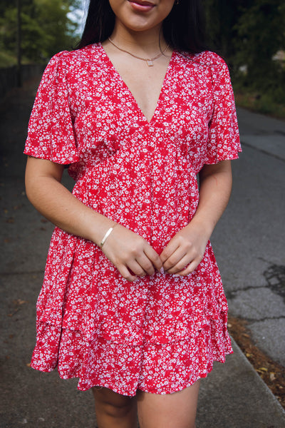 Dainty Floral Print Dress- Red Babydoll Fit Dress- Women's Summertime Dresses