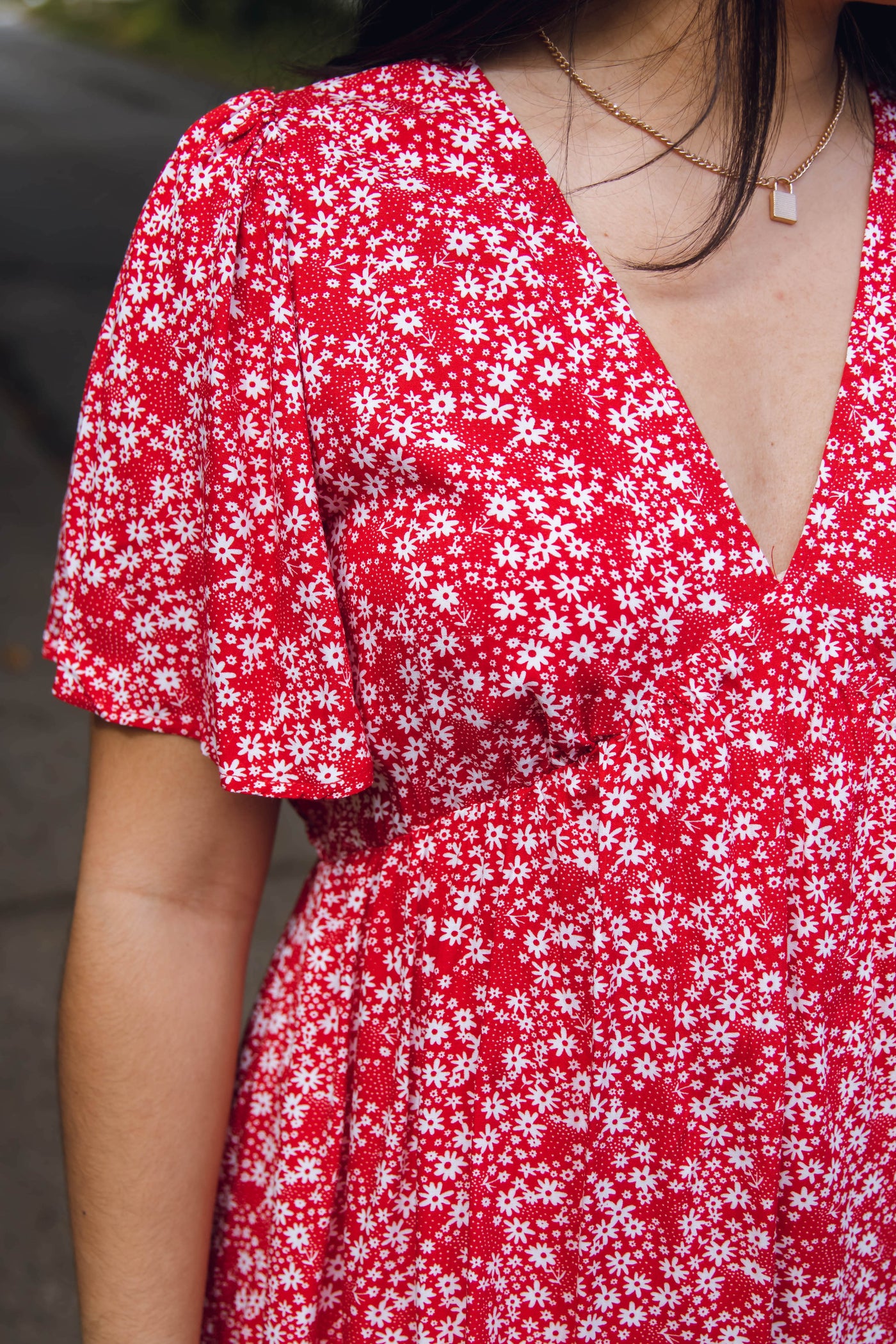 Dainty Floral Print Dress- Red Babydoll Fit Dress- Women's Summertime Dresses
