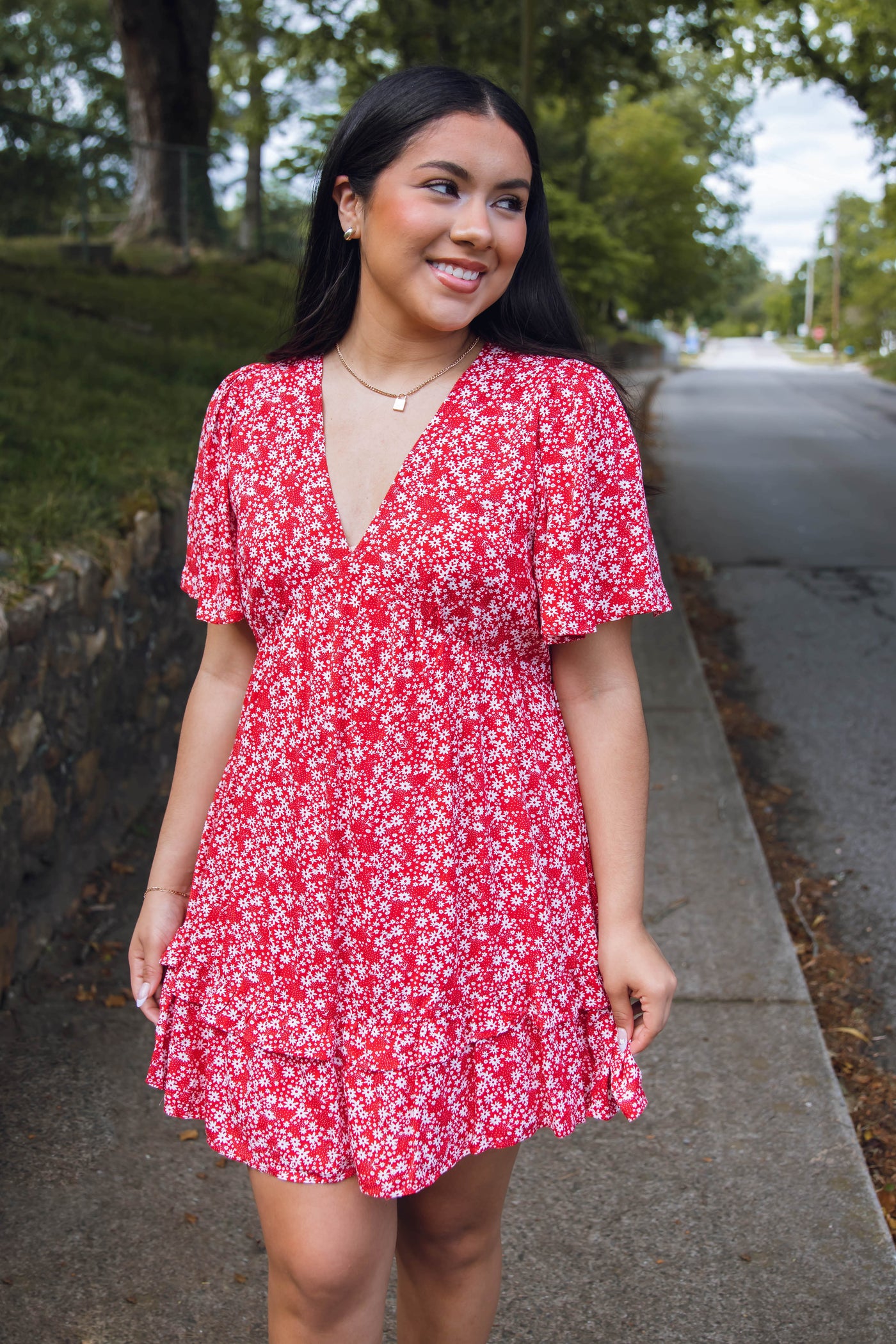 Dainty Floral Print Dress- Red Babydoll Fit Dress- Women's Summertime Dresses