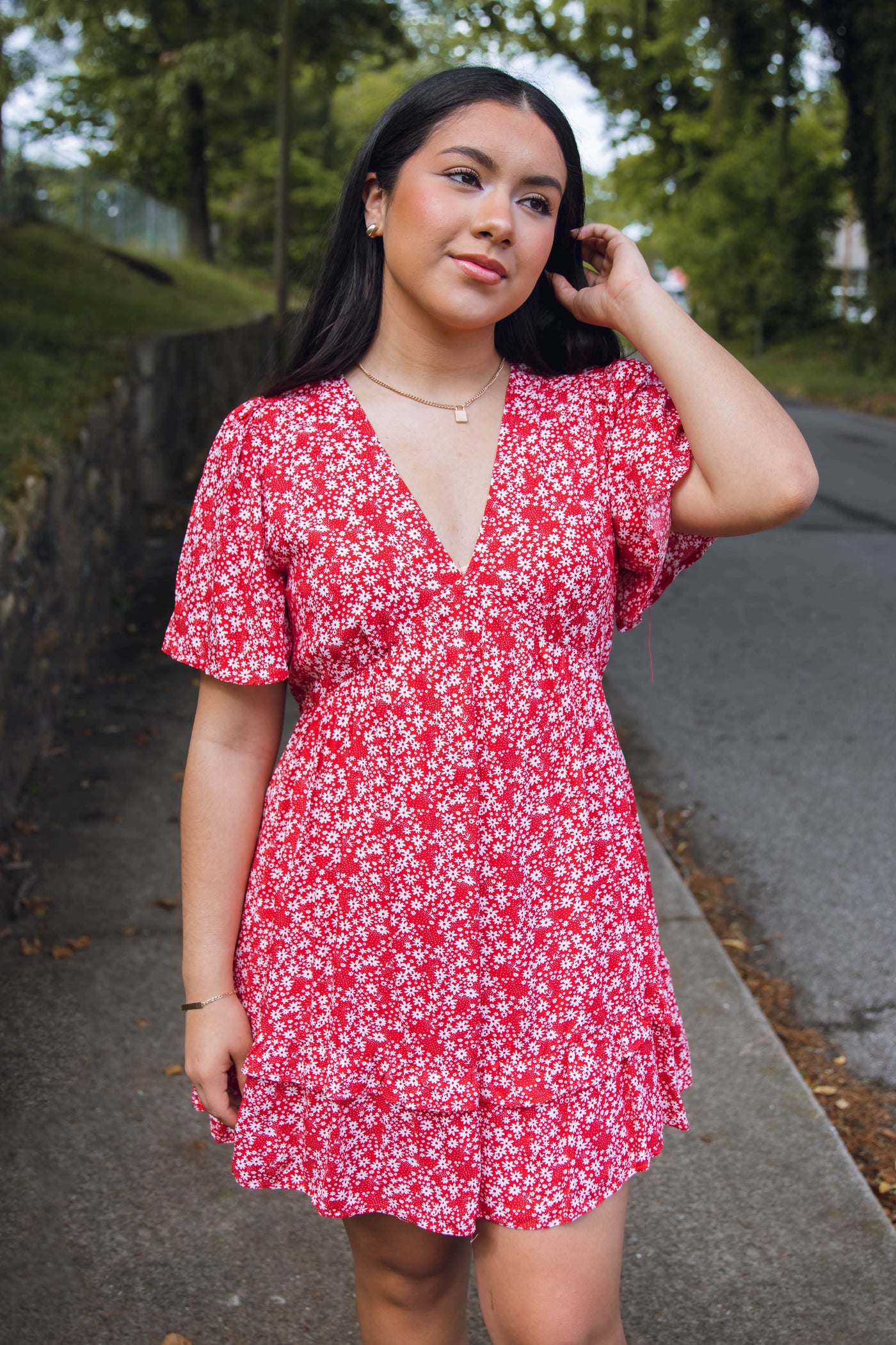 Dainty Floral Print Dress- Red Babydoll Fit Dress- Women's Summertime Dresses