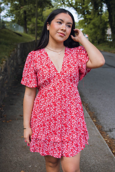 Dainty Floral Print Dress- Red Babydoll Fit Dress- Women's Summertime Dresses