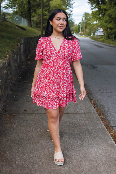 Dainty Floral Print Dress- Red Babydoll Fit Dress- Women's Summertime Dresses