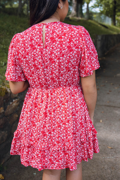 Dainty Floral Print Dress- Red Babydoll Fit Dress- Women's Summertime Dresses