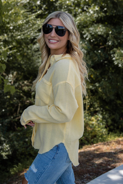Women's Yellow Button Down- Cotton Button Down Top- Casual Top With Pockets
