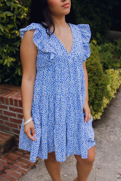 Dainty Floral Print Dress- Babydoll Style Dress- Cute Blue Ruffle Dress
