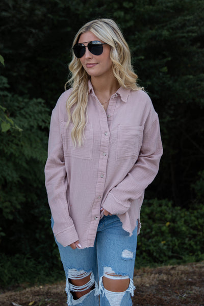 Women's Blush Button Down- Cotton Button Down Top- Casual Top With Pockets