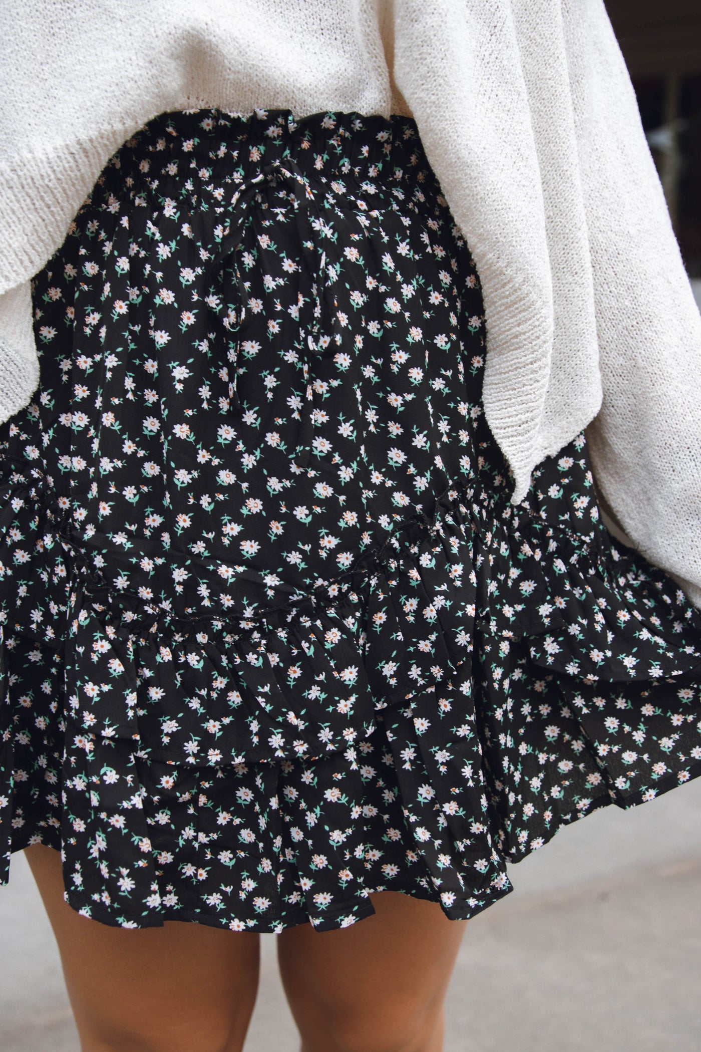 Black Ruffle Skirt- Floral Print Skirt- Elastic Waistband Skirt- $38