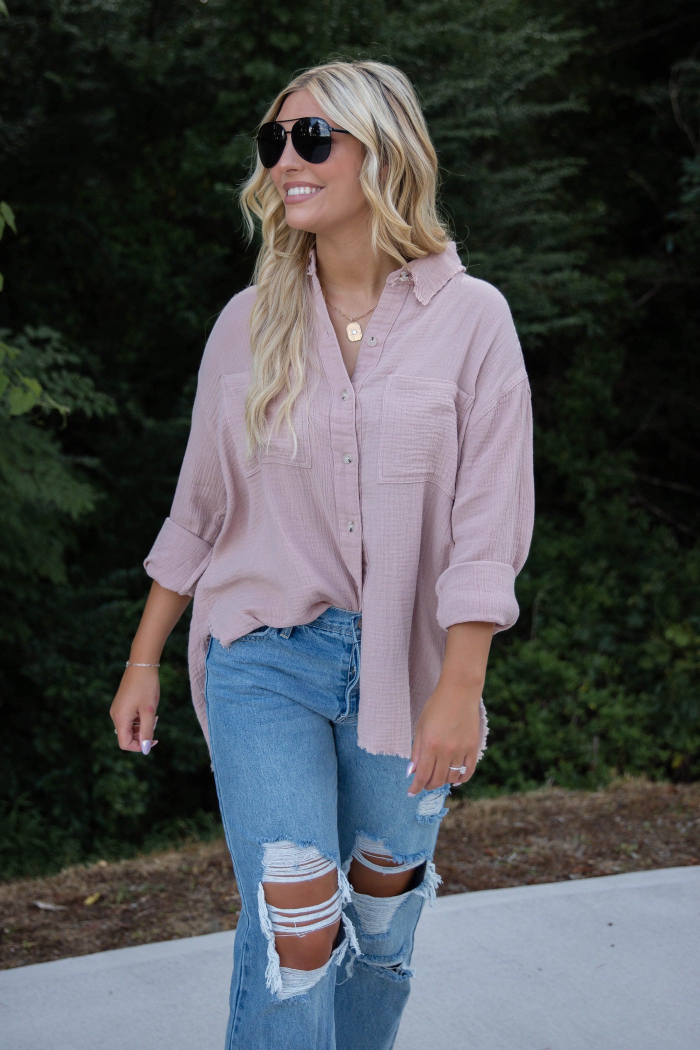 Women's Blush Button Down- Cotton Button Down Top- Casual Top With Pockets