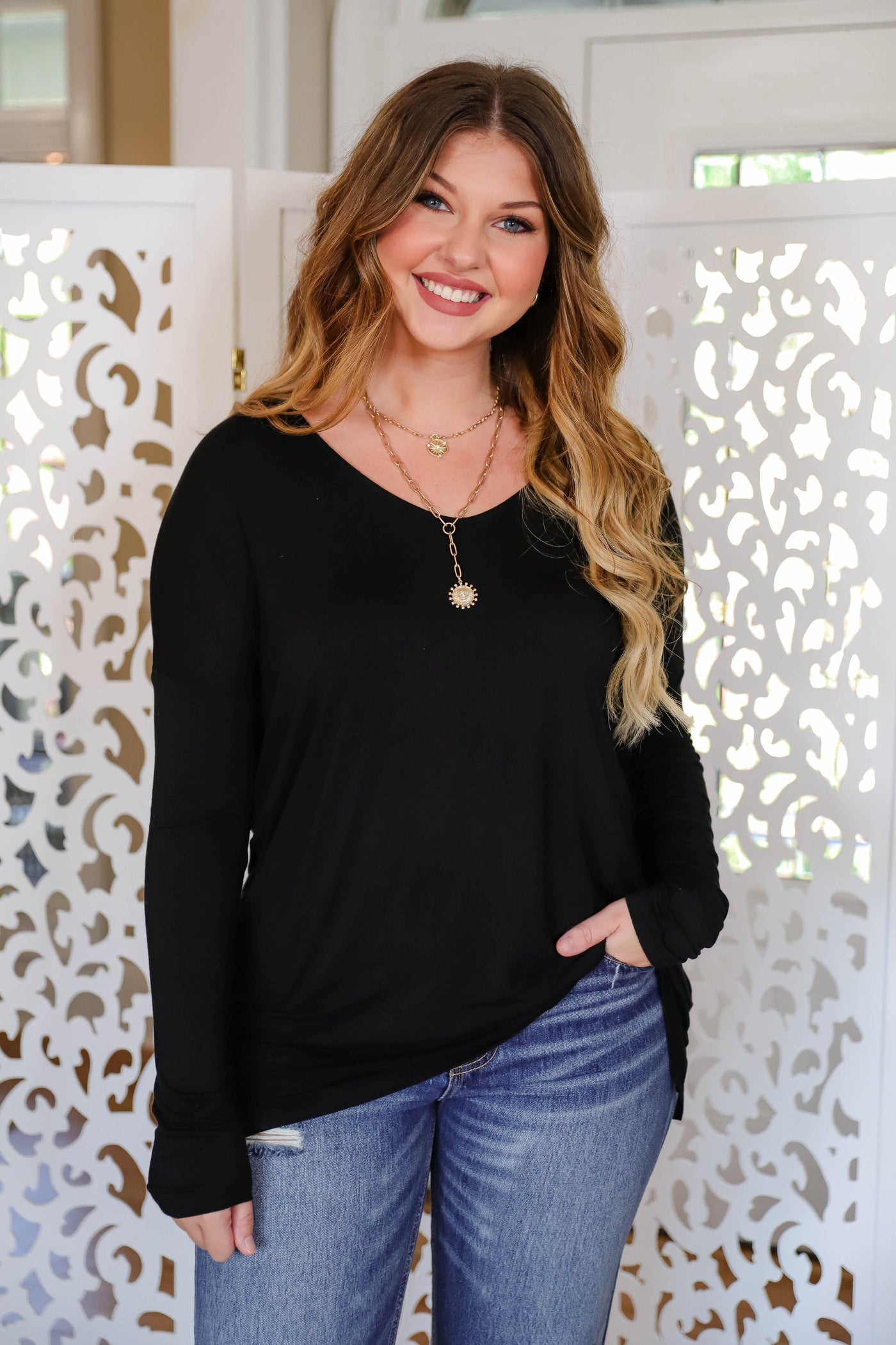 Women's Basic Long Sleeve- Women's Soft Black Top- Women's Layering Tops