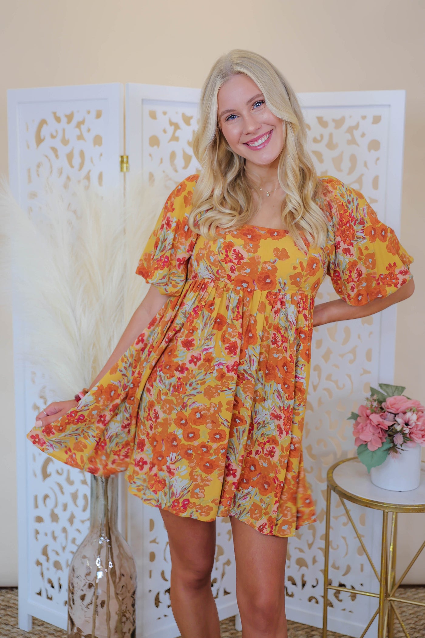 Women's Floral Print Dress- Bubble Sleeve Dress- In the Beginning Dress
