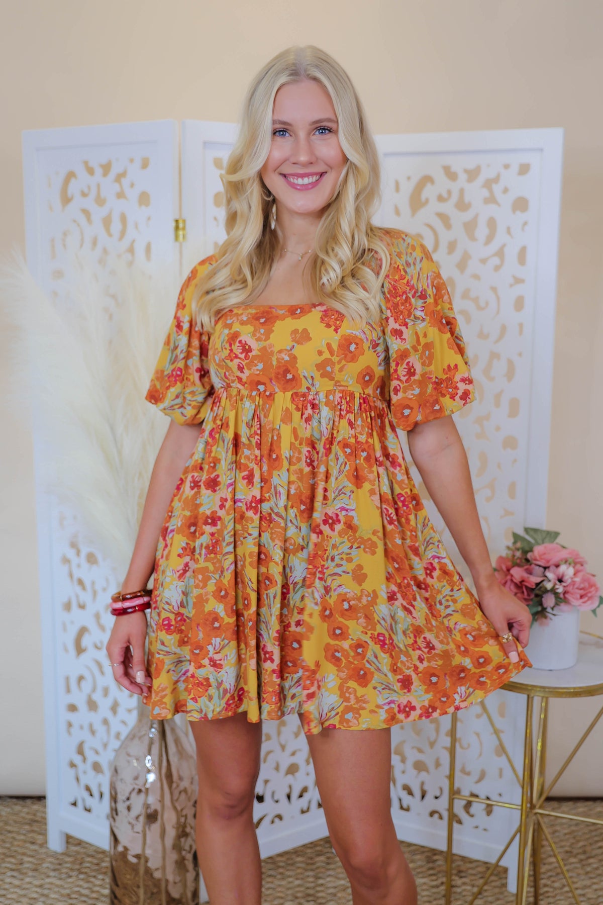 Women's Floral Print Dress- Bubble Sleeve Dress- In the Beginning Dress ...
