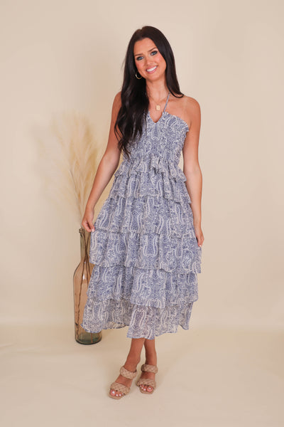 Blue Paisley Midi Dress- Women's Halter Dress- Blue Printed Midi Dress