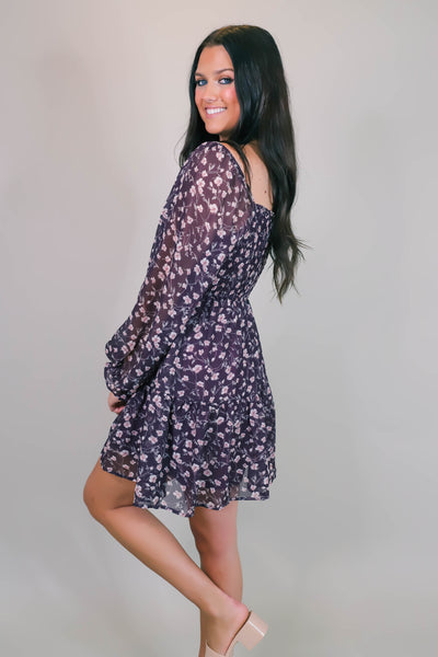 Purple Floral Print Dress- Women's Dress with Elastic Waist- Cute and Comfortable Women's Dresses