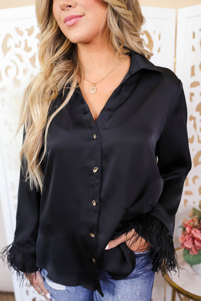 Women's Black Satin Button Down- Satin Feather Top- Women's Trendy Feather Top