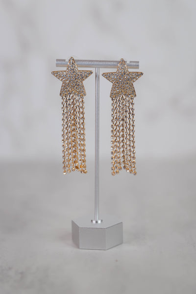 Gold Star Earrings- Star Statement Earrings- Rhinestone Fringe Earrings