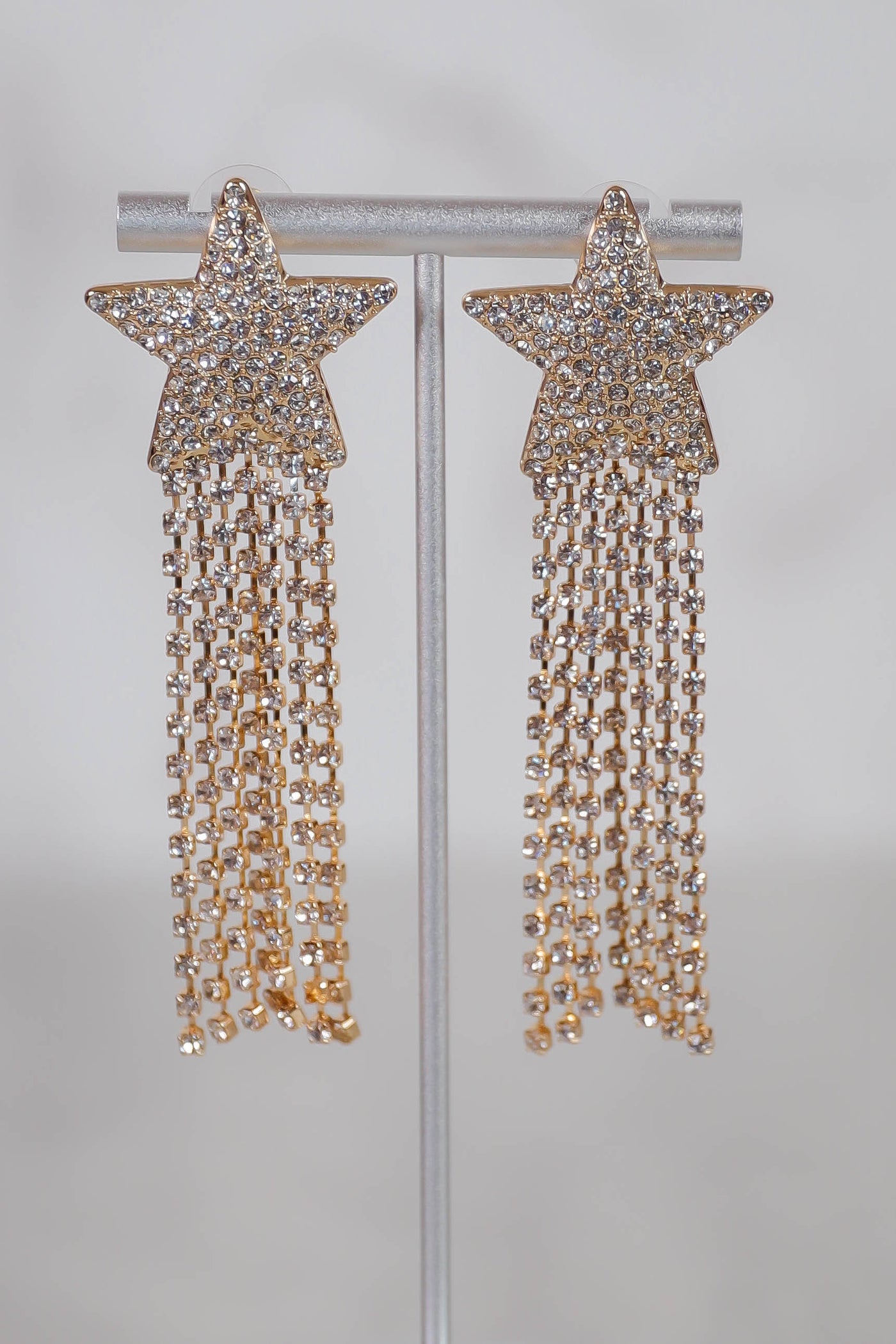 Gold Star Earrings- Star Statement Earrings- Rhinestone Fringe Earrings