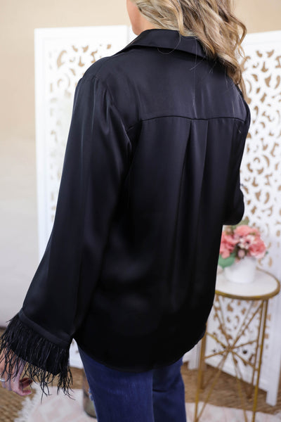 Women's Black Satin Button Down- Satin Feather Top- Women's Trendy Feather Top