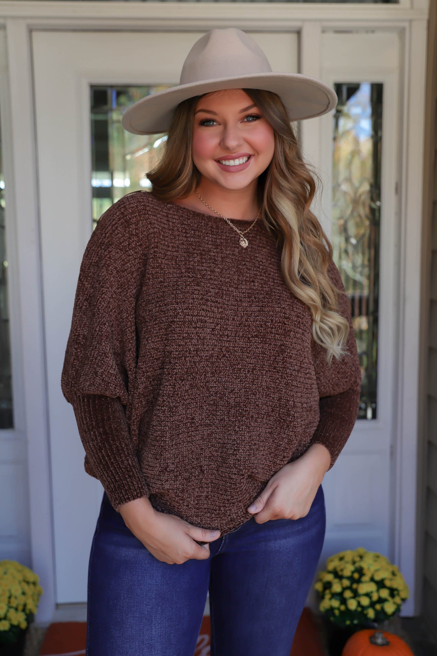 Women's Brown Chenille Sweater- Brown Dolman Style Sweater- Chic Brown Sweater