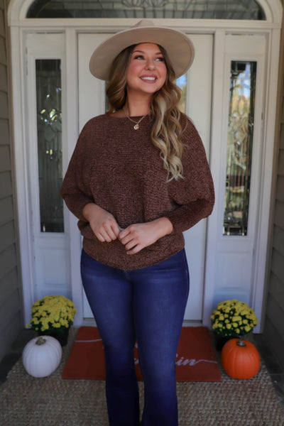 Women's Brown Chenille Sweater- Brown Dolman Style Sweater- Chic Brown Sweater
