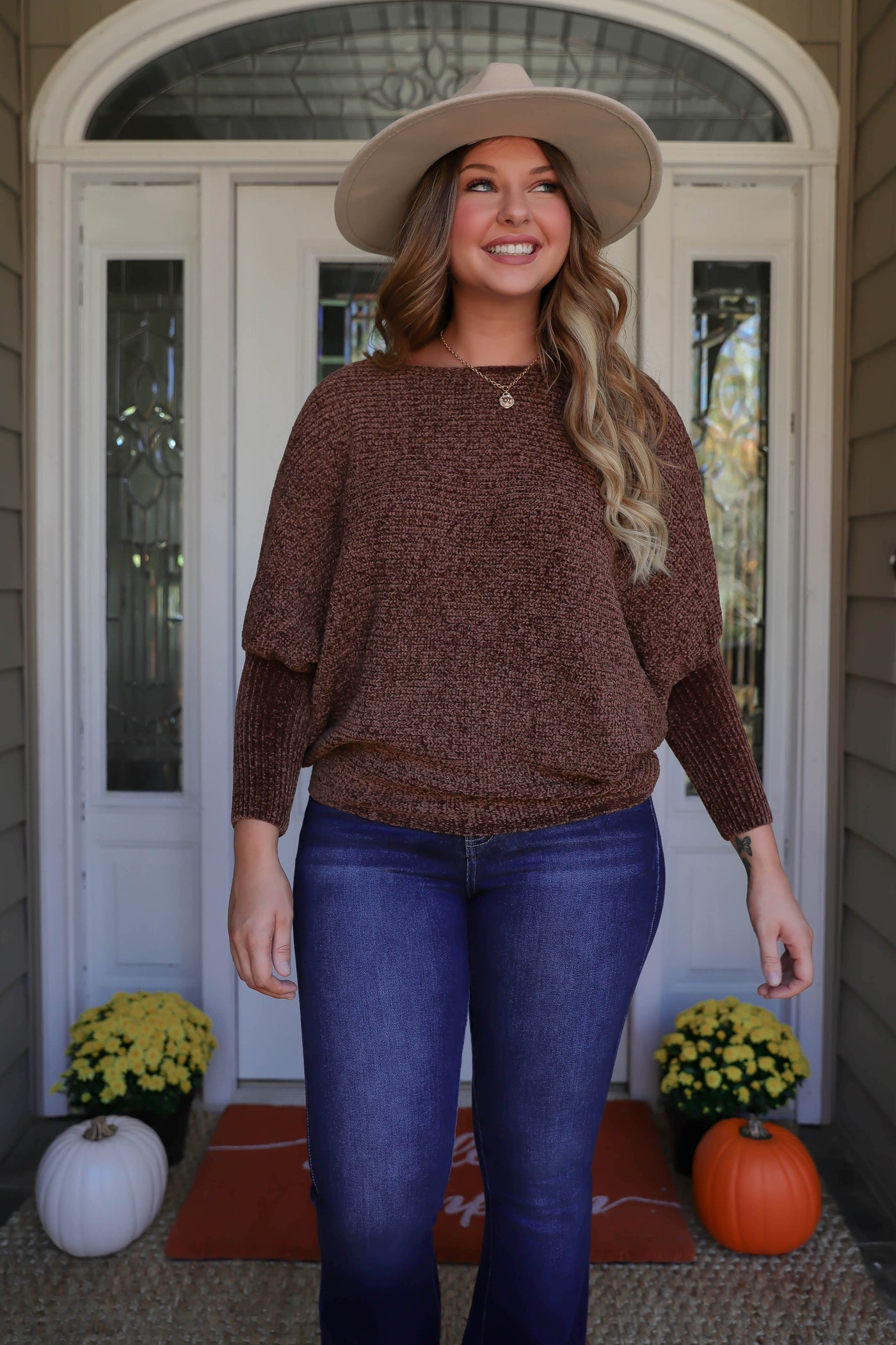 Women's Brown Chenille Sweater- Brown Dolman Style Sweater- Chic Brown Sweater