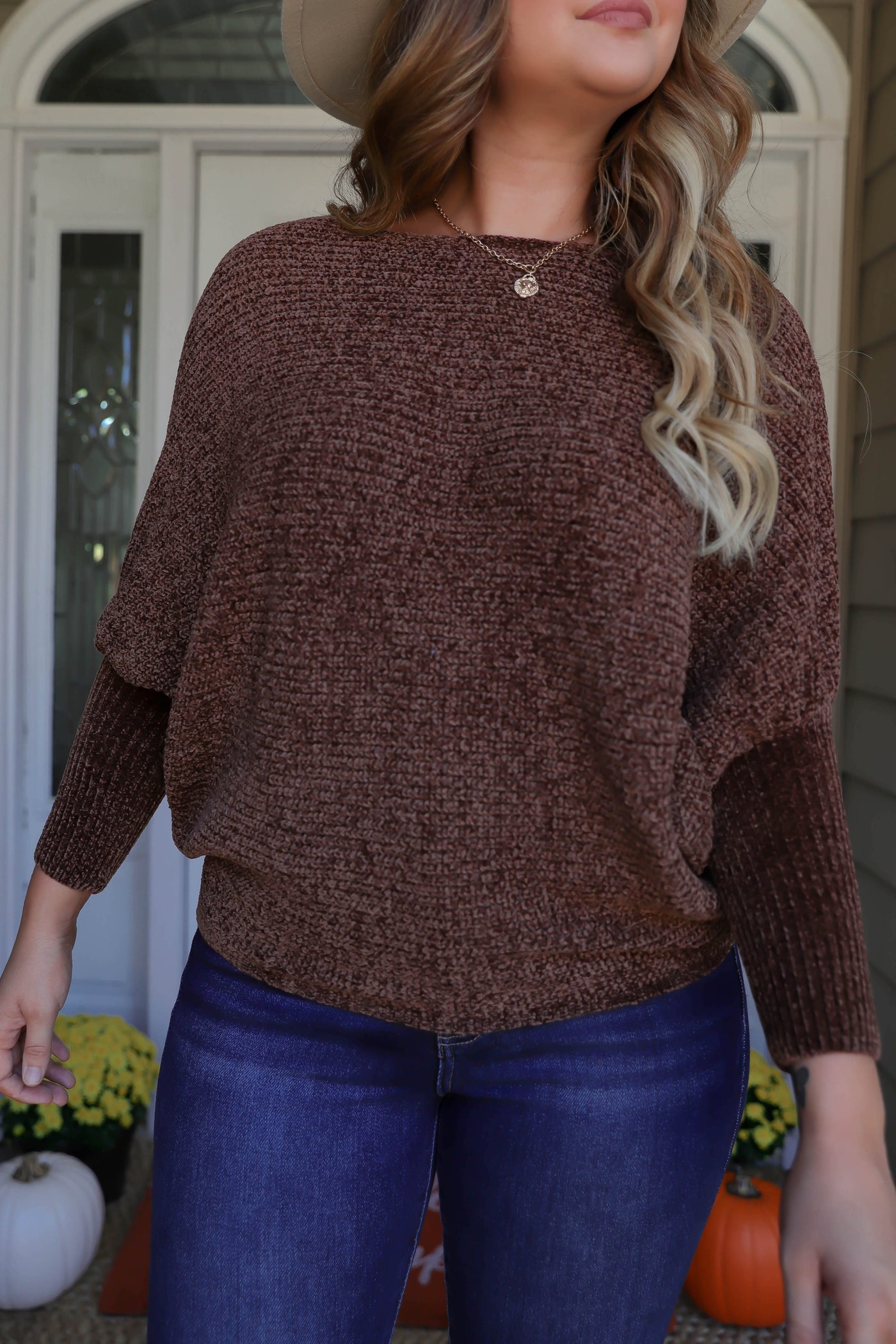 Women's Brown Chenille Sweater- Brown Dolman Style Sweater- Chic Brown Sweater