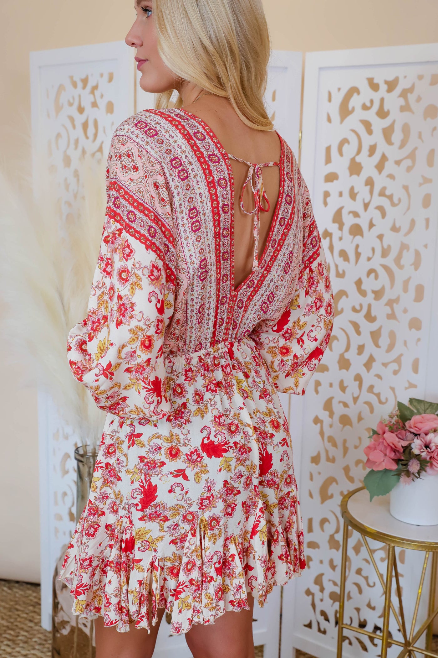 Short Boho Dress- Resort Style Dress- Printed Dress with Tassels- Aakaa Dress