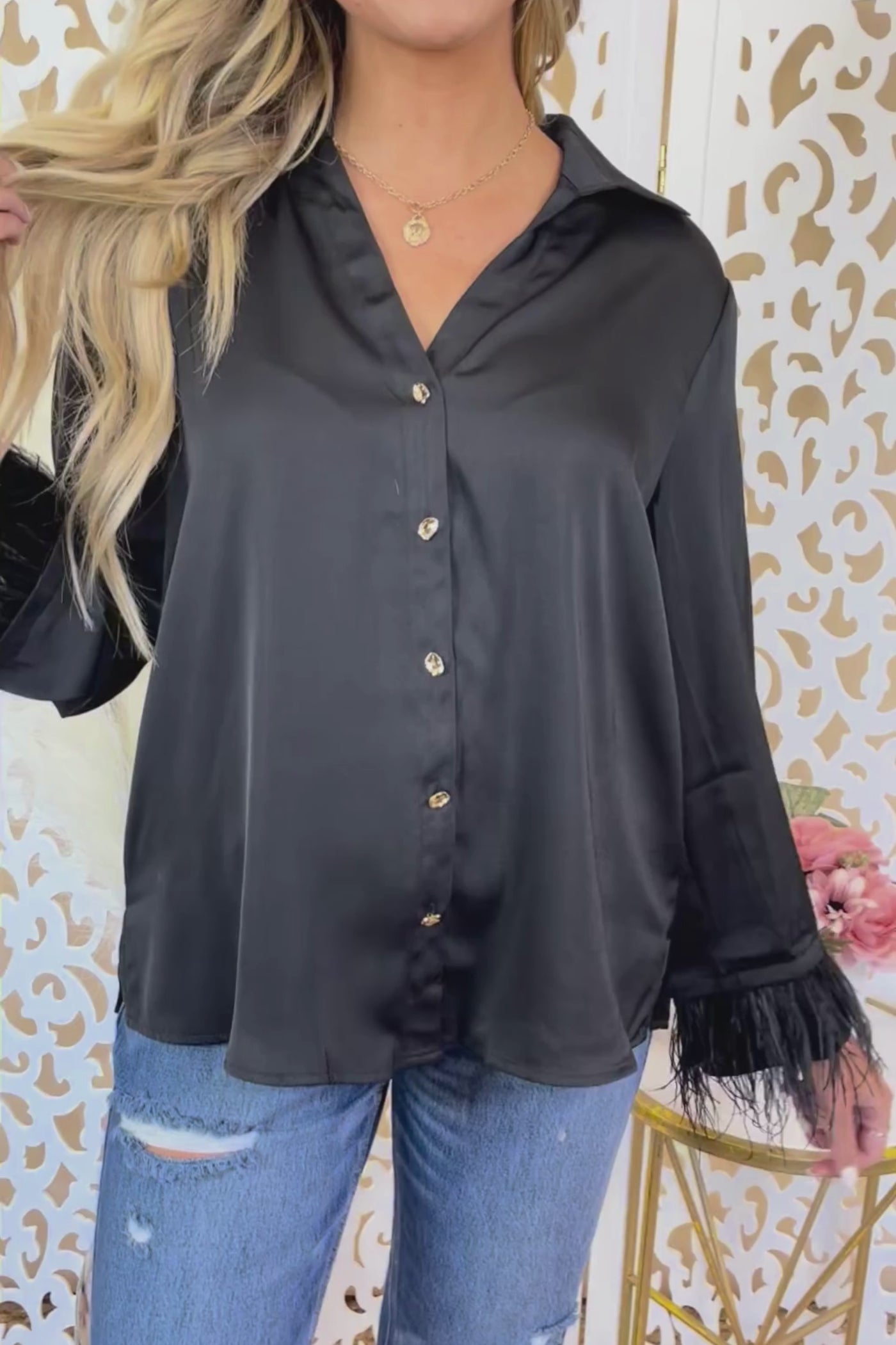 Women's Black Satin Button Down- Satin Feather Top- Women's Trendy Feather Top