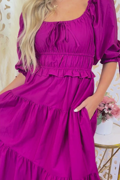 Poplin Puff Sleeve Midi Dress- Purple Puff Sleeve Dress- Cottage Core Style Dresses- &Merci Midi Dress